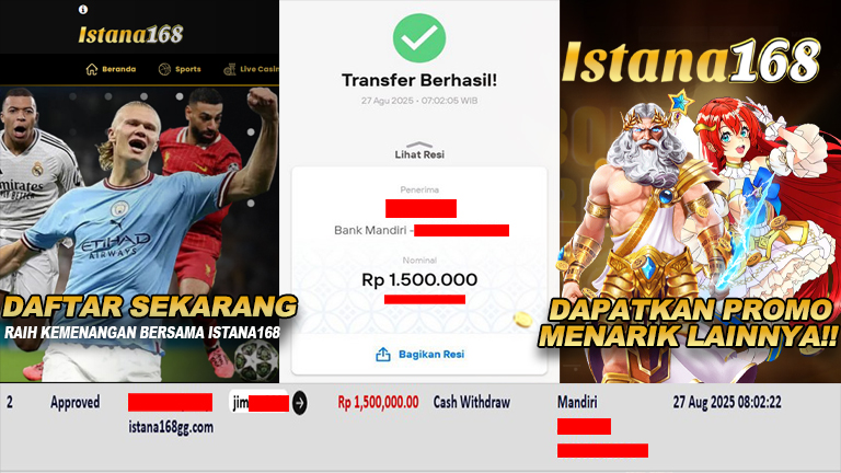 BUKTI KEMENANGAN WD MEMBER ISTANA168 IDR 1.500.000