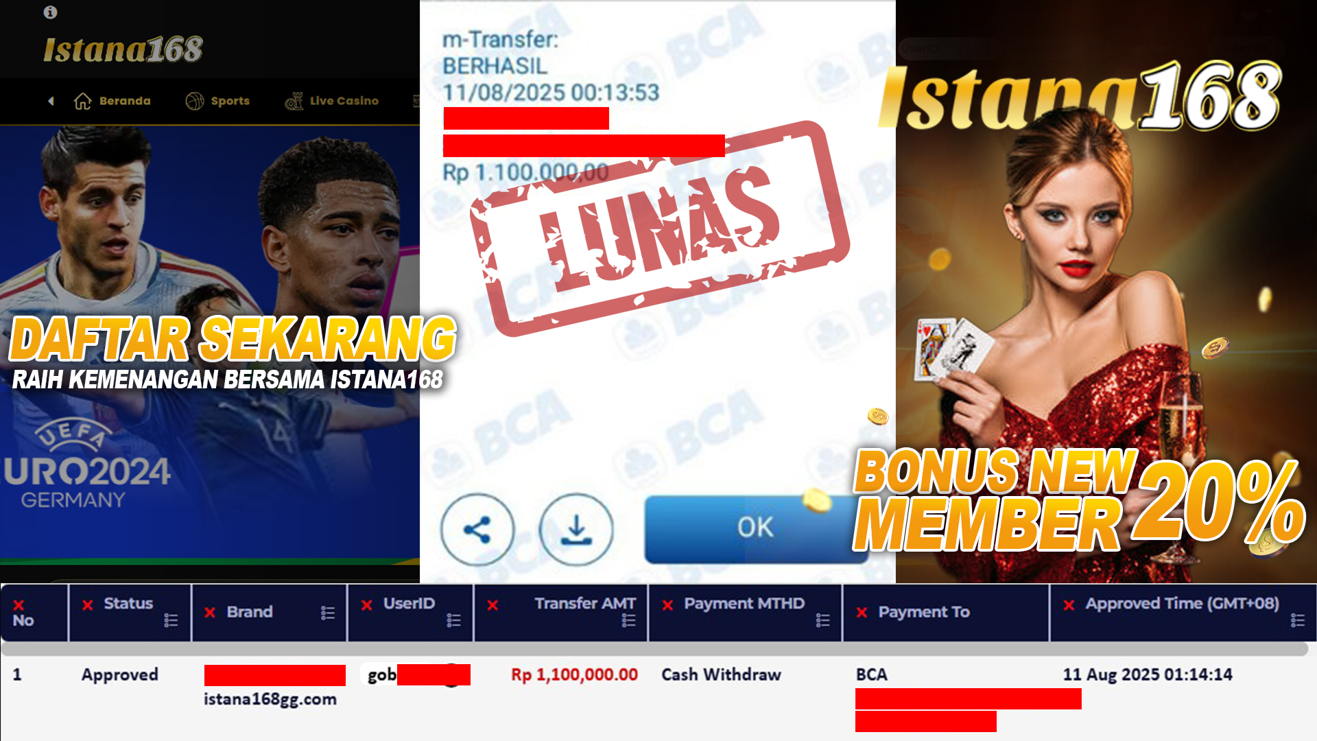 BUKTI KEMENANGAN WD MEMBER ISTANA168 IDR 1.100.000