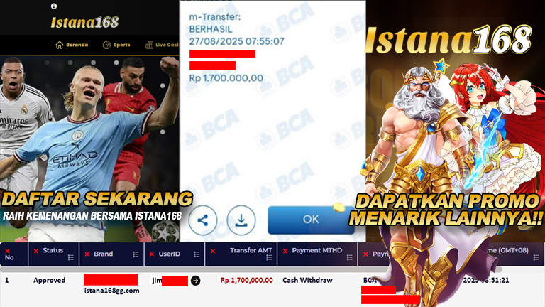 BUKTI KEMENANGAN WD MEMBER ISTANA168 IDR 1.700.000