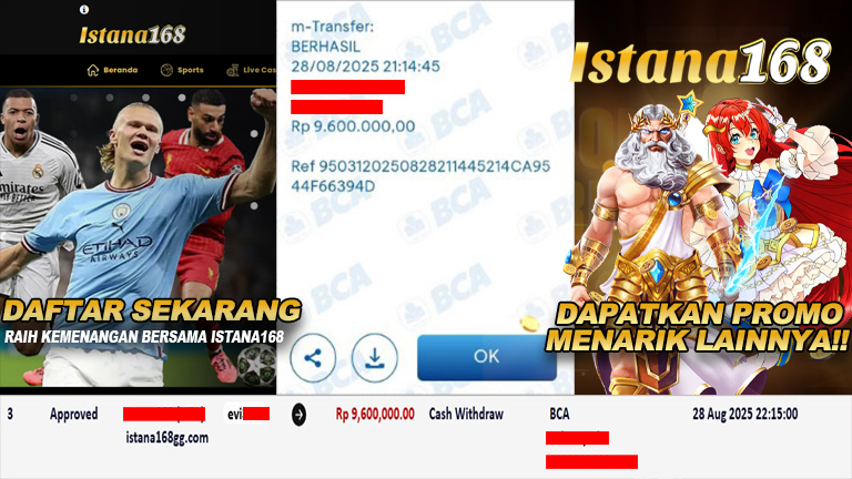 BUKTI KEMENANGAN WD MEMBER ISTANA168 IDR 9.600.000
