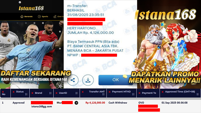 BUKTI KEMENANGAN WD MEMBER ISTANA168 IDR 4.126.000