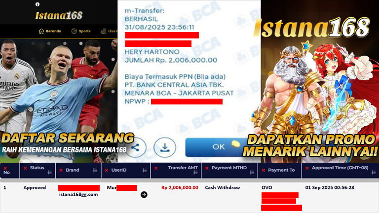 BUKTI KEMENANGAN WD MEMBER ISTANA168 IDR 2.006.000