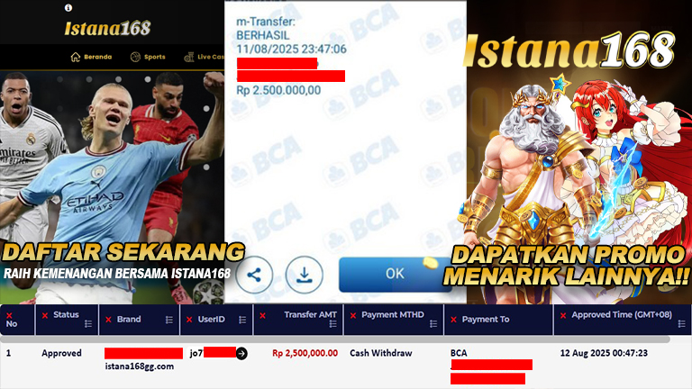 BUKTI KEMENANGAN WD MEMBER ISTANA168 IDR 2.500.000