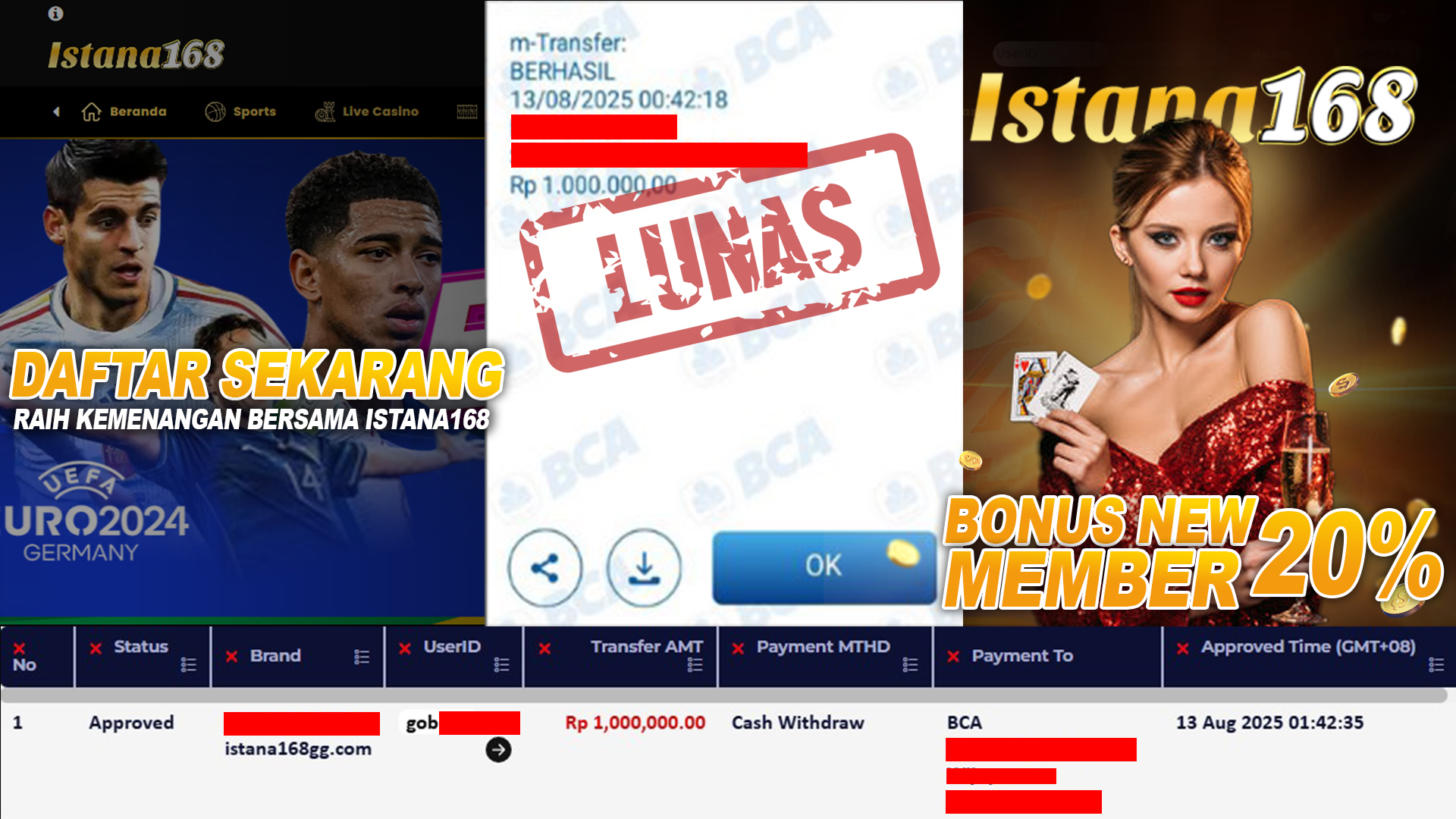 BUKTI KEMENANGAN WD MEMBER ISTANA168 IDR 1.000.000