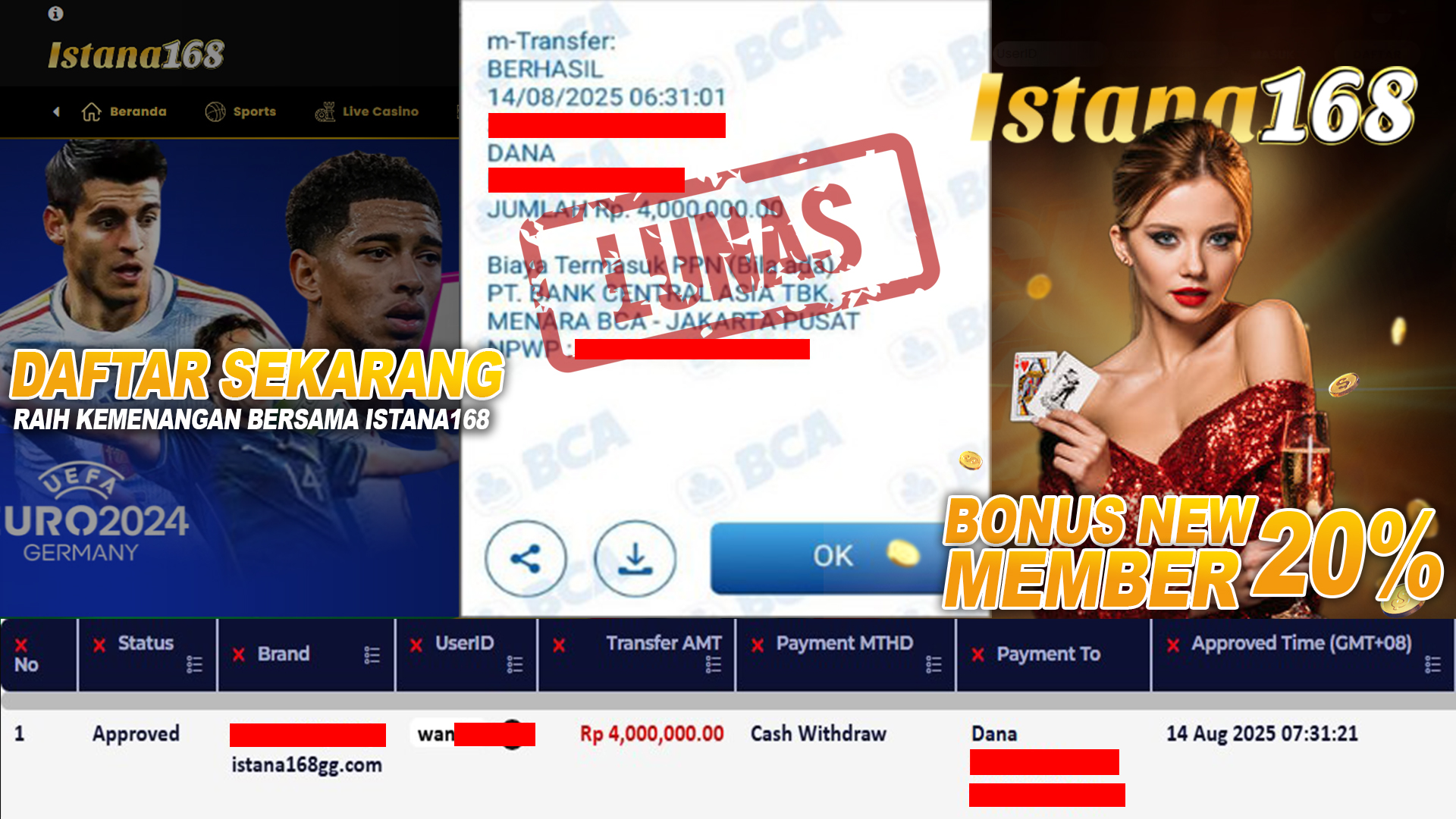 BUKTI KEMENANGAN WD MEMBER ISTANA168 IDR 4.000.000