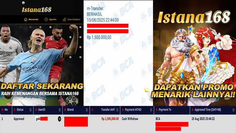 BUKTI KEMENANGAN WD MEMBER ISTANA168 IDR 1.500.000