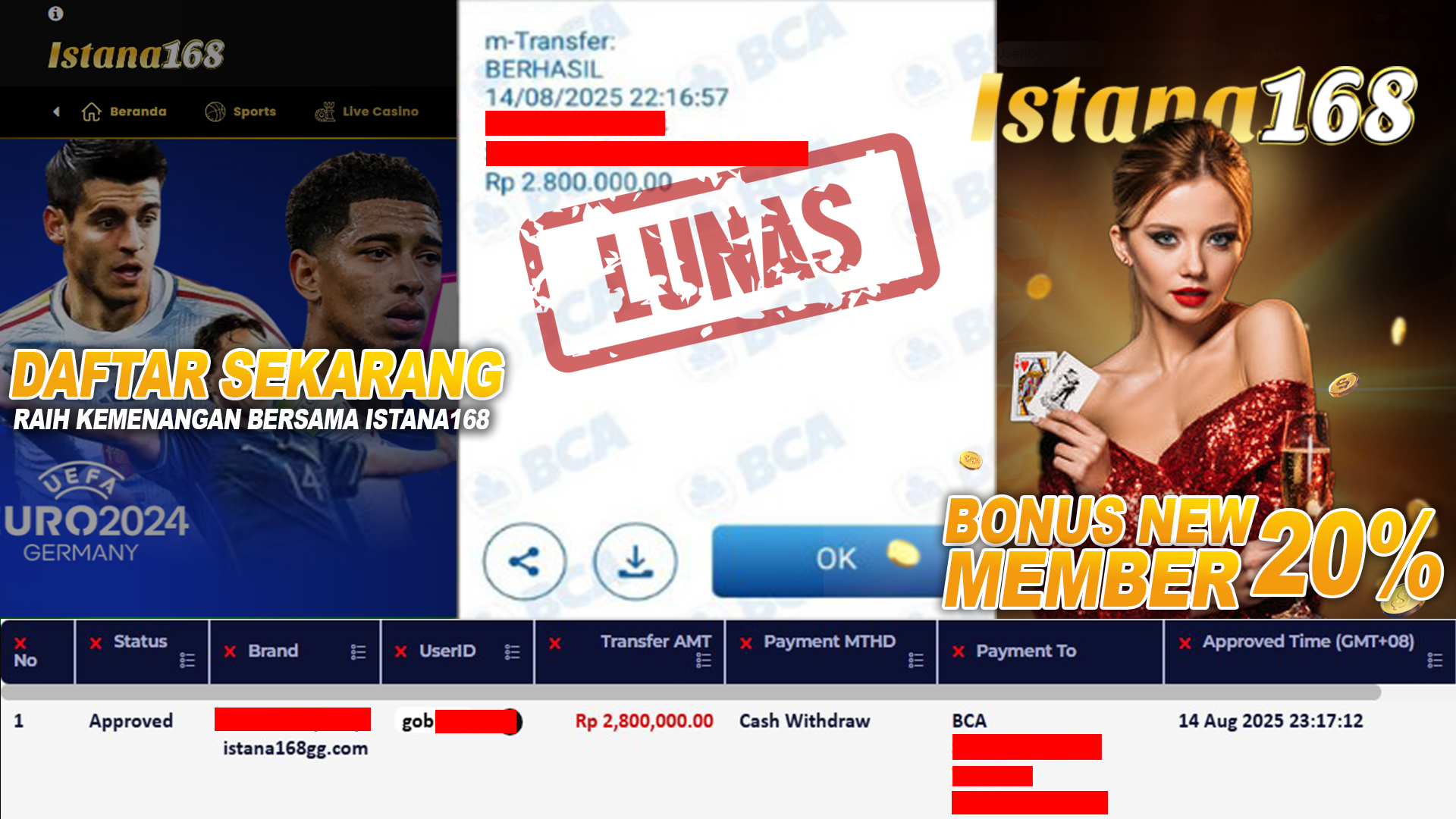 BUKTI KEMENANGAN WD MEMBER ISTANA168 IDR 2.800.000