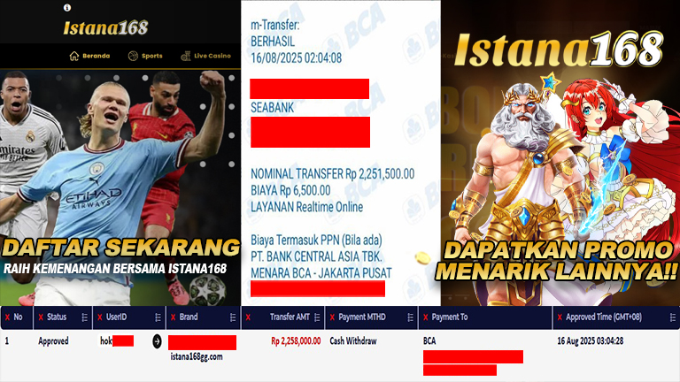 BUKTI KEMENANGAN WD MEMBER ISTANA168 IDR 2.258.000