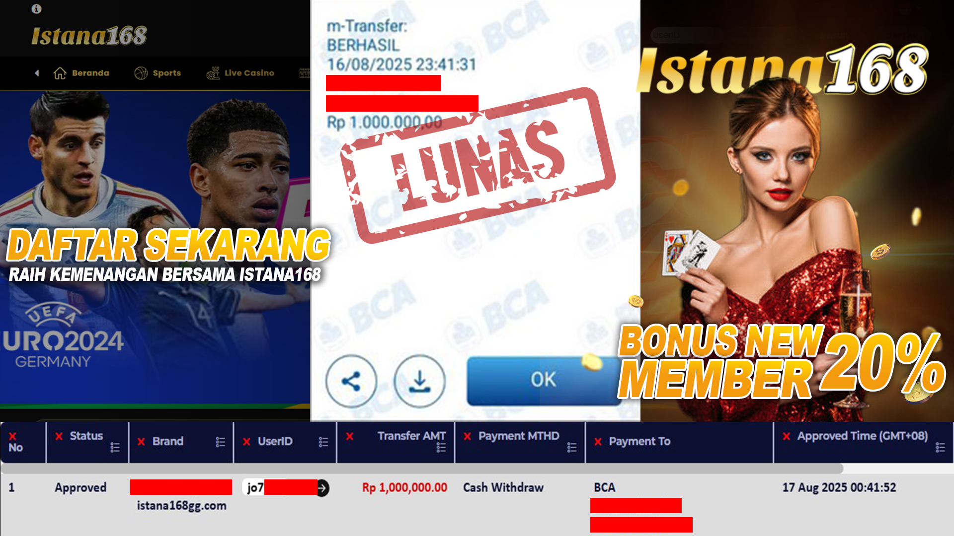 BUKTI KEMENANGAN WD MEMBER ISTANA168 IDR 1.000.000