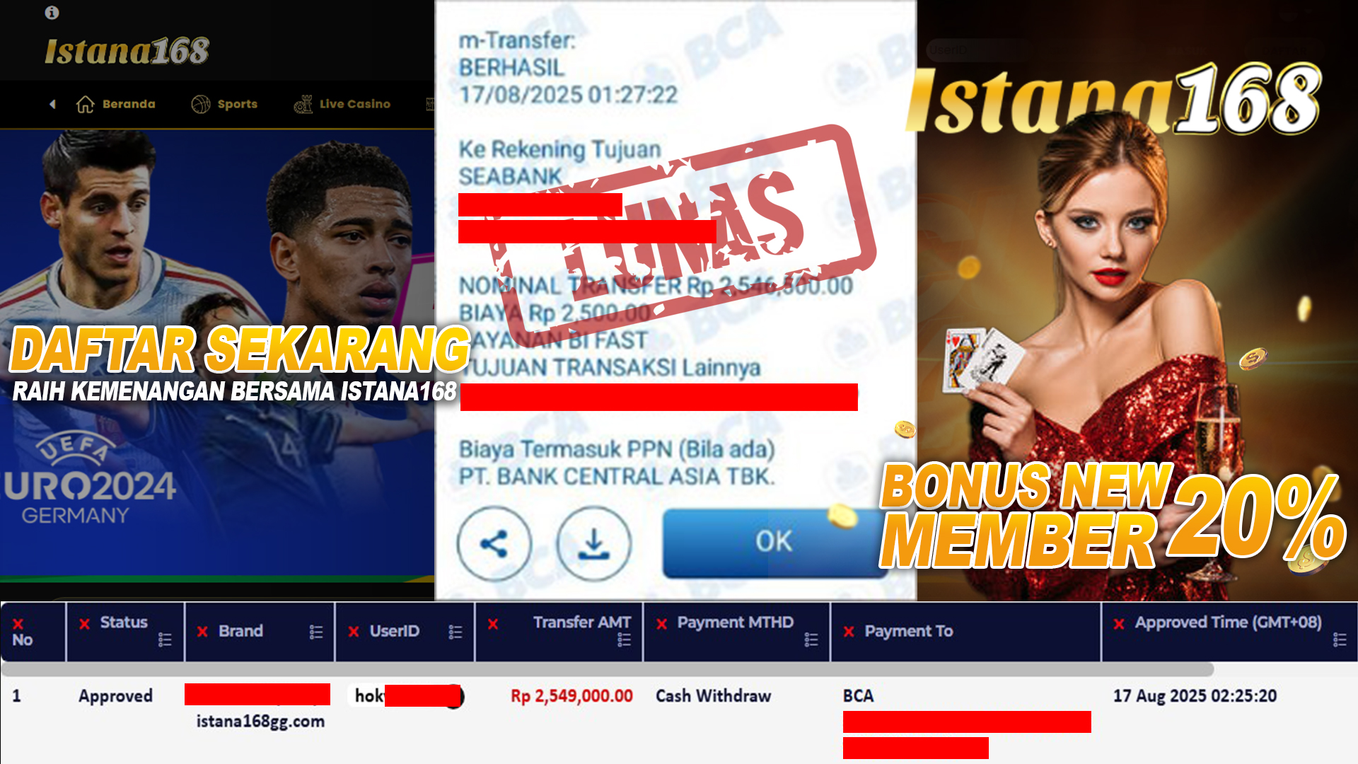 BUKTI KEMENANGAN WD MEMBER ISTANA168 IDR 2.549.000