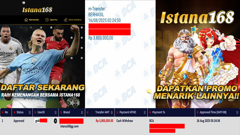 BUKTI KEMENANGAN WD MEMBER ISTANA168 IDR 3.800.000