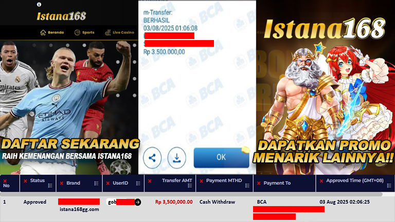 BUKTI KEMENANGAN WD MEMBER ISTANA168 IDR 3.500.000
