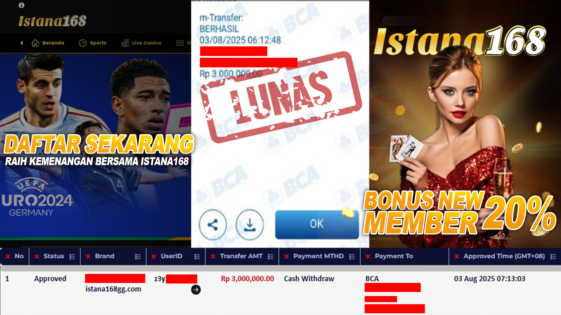 BUKTI KEMENANGAN WD MEMBER ISTANA168 IDR 3.000.000