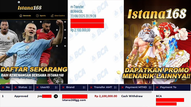 BUKTI KEMENANGAN WD MEMBER ISTANA168 IDR 2.100.000