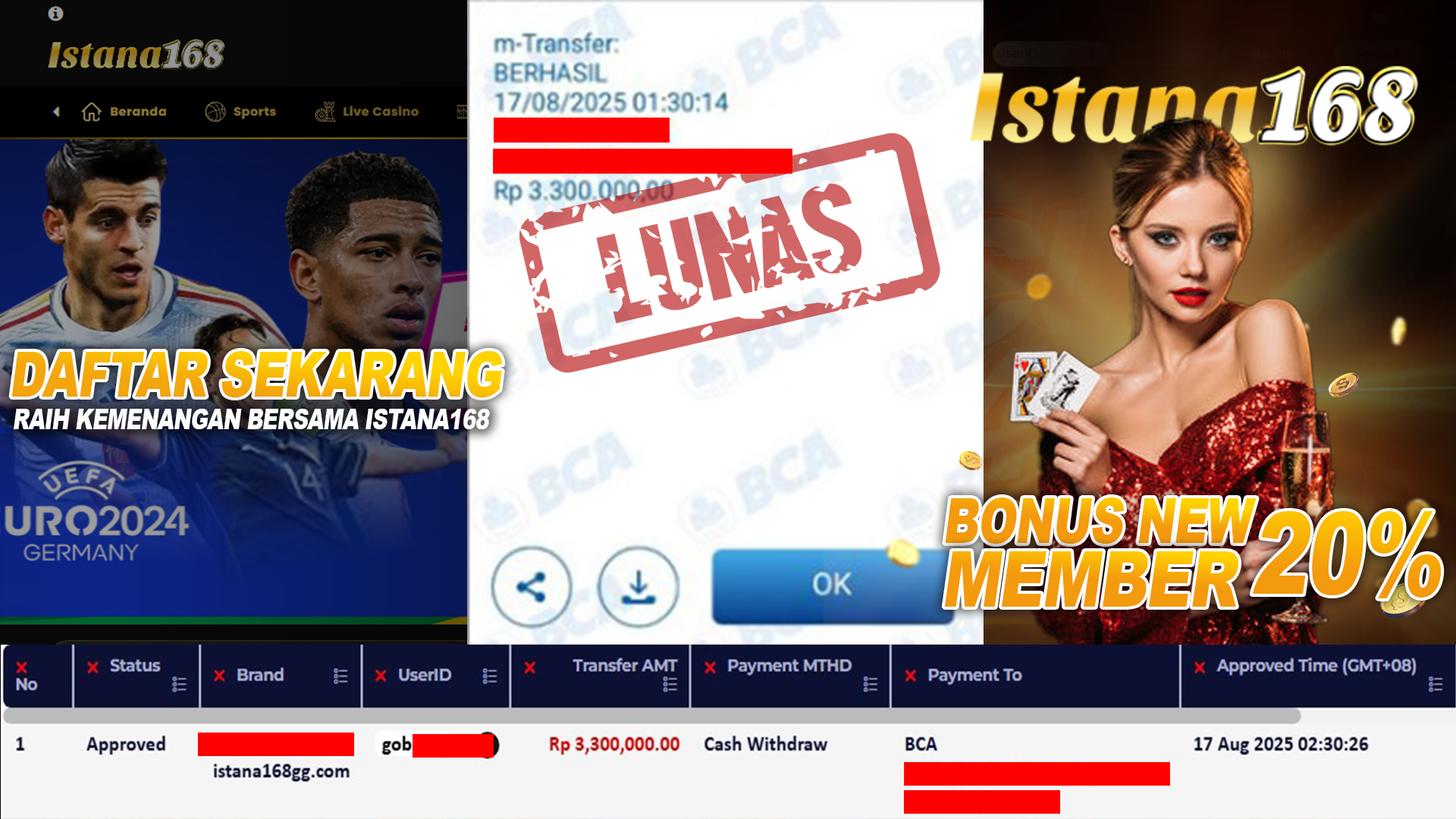 BUKTI KEMENANGAN WD MEMBER ISTANA168 IDR 3.300.000