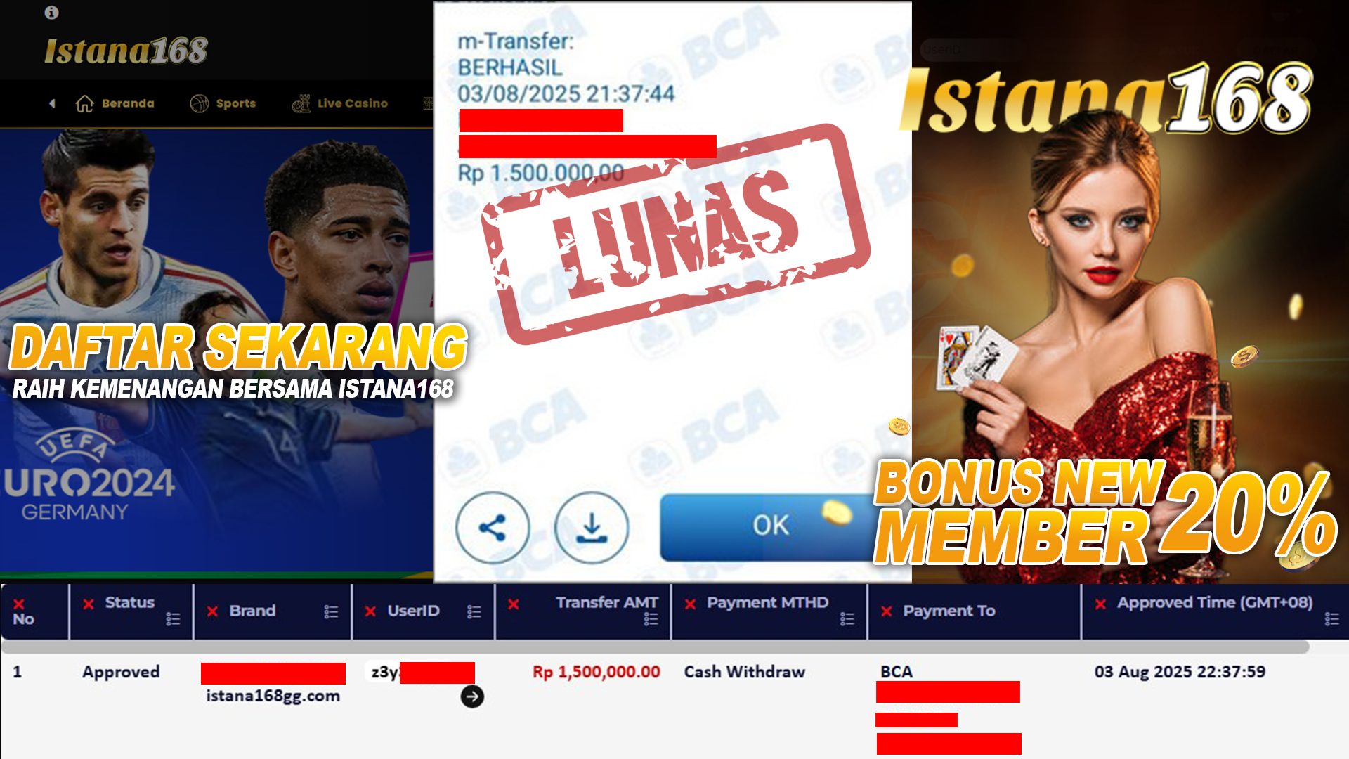 BUKTI KEMENANGAN WD MEMBER ISTANA168 IDR 1.500.000