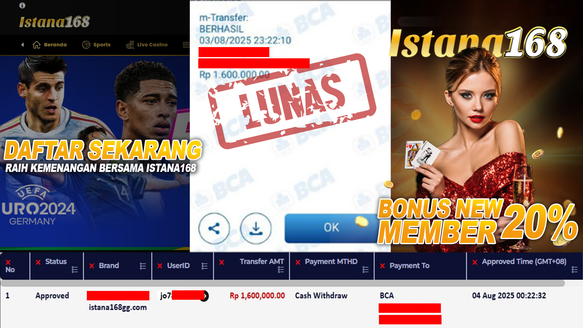 BUKTI KEMENANGAN WD MEMBER ISTANA168 IDR 1.600.000