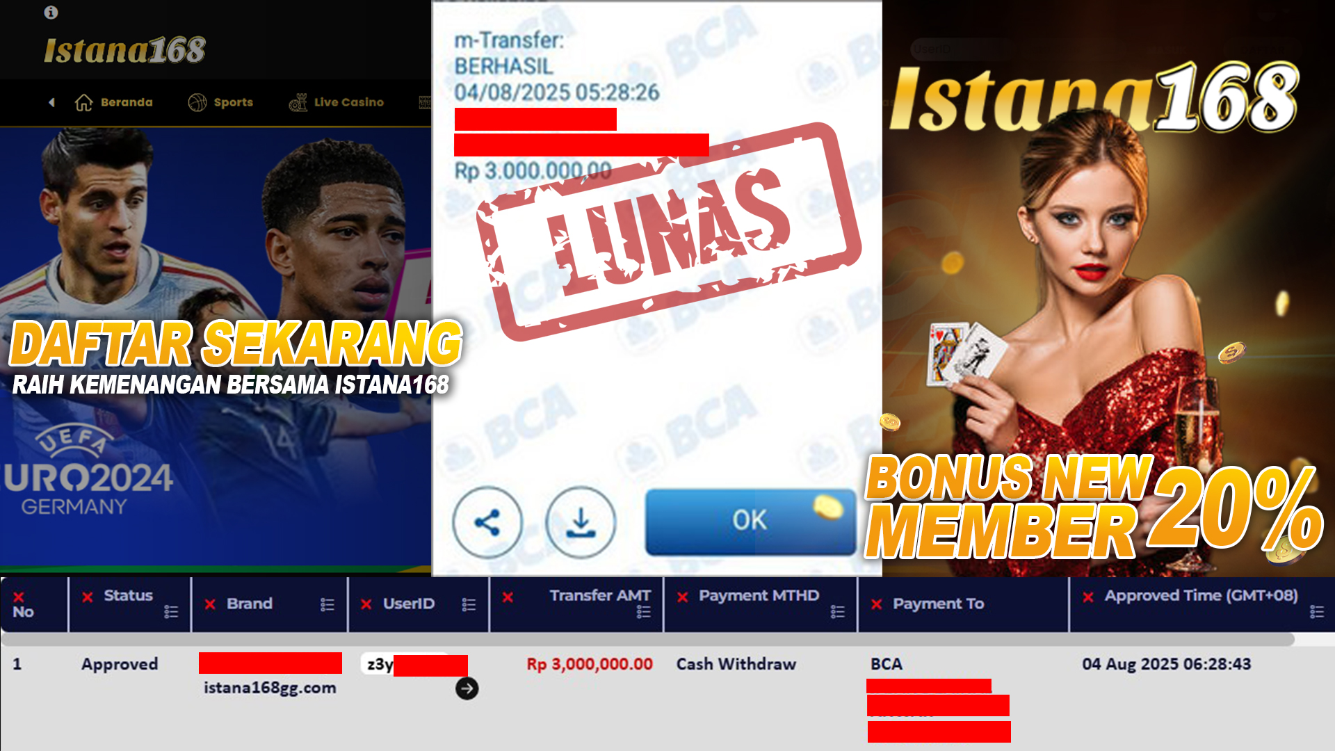 BUKTI KEMENANGAN WD MEMBER ISTANA168 IDR 3.000.000