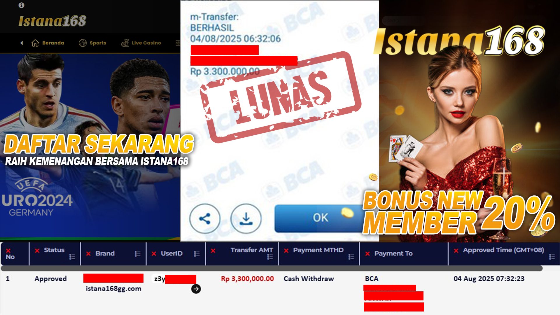 BUKTI KEMENANGAN WD MEMBER ISTANA168 IDR 3.300.000