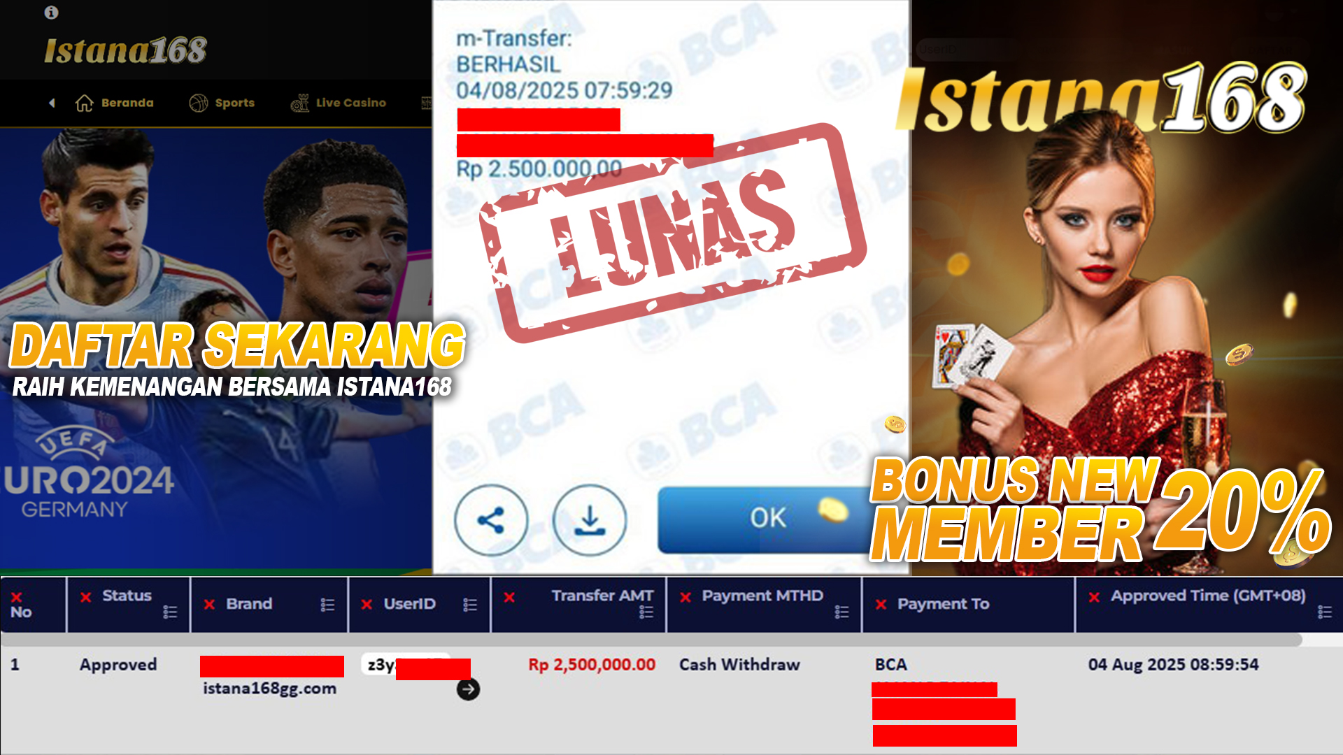 BUKTI KEMENANGAN WD MEMBER ISTANA168 IDR 2.500.000