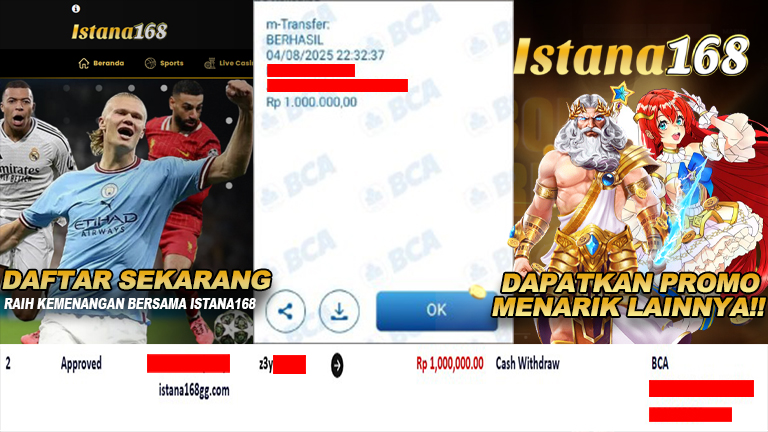 BUKTI KEMENANGAN WD MEMBER ISTANA168 IDR 1.000.000