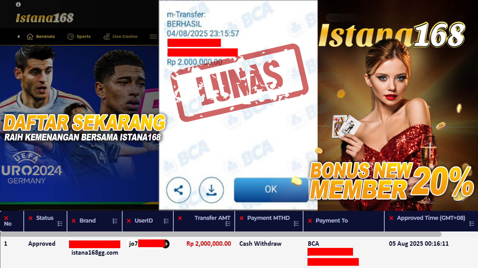 BUKTI KEMENANGAN WD MEMBER ISTANA168 IDR 2.000.000