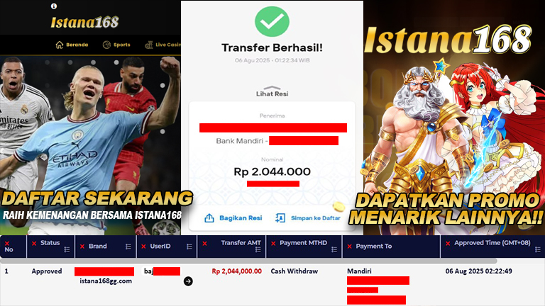 BUKTI KEMENANGAN WD MEMBER ISTANA168 IDR 2.044.000