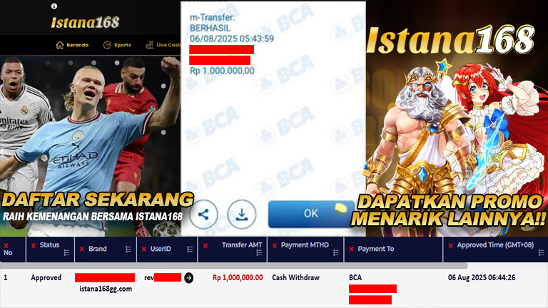 BUKTI KEMENANGAN WD MEMBER ISTANA168 IDR 1.000.000