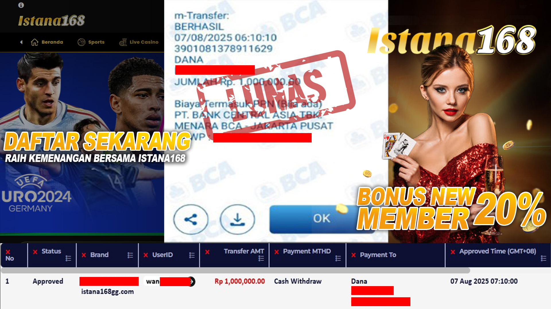 BUKTI KEMENANGAN WD MEMBER ISTANA168 IDR 1.000.000