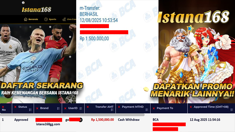 BUKTI KEMENANGAN WD MEMBER ISTANA168 IDR 1.500.000