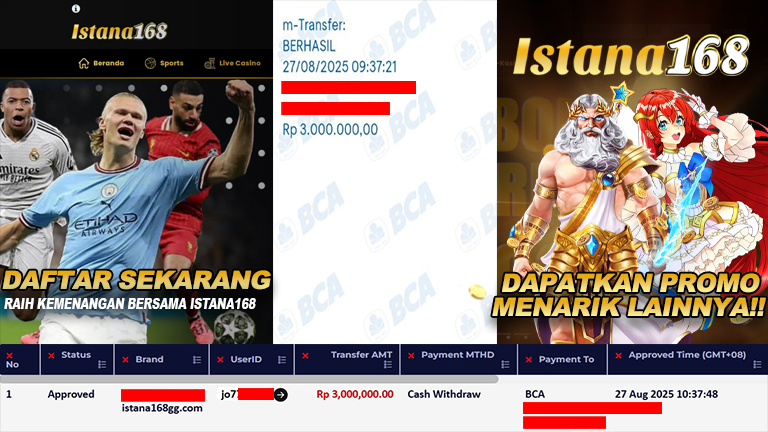 BUKTI KEMENANGAN WD MEMBER ISTANA168 IDR 3.000.000