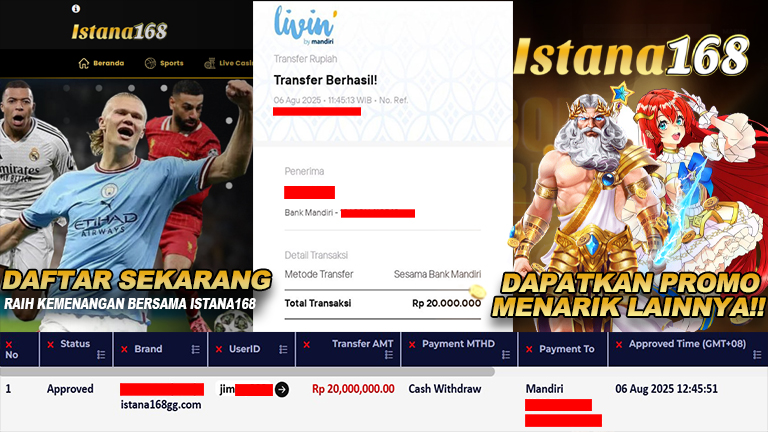 BUKTI KEMENANGAN WD MEMBER ISTANA168 IDR 20.000.000