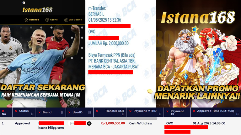 BUKTI KEMENANGAN WD MEMBER ISTANA168 IDR 2.000.000