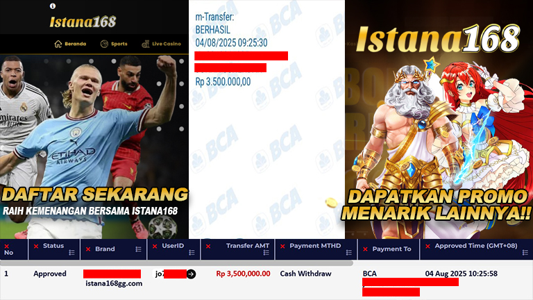 BUKTI KEMENANGAN WD MEMBER ISTANA168 IDR 3.500.000