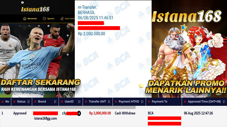 BUKTI KEMENANGAN WD MEMBER ISTANA168 IDR 2.000.000