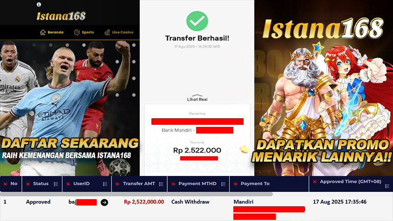 BUKTI KEMENANGAN WD MEMBER ISTANA168 IDR 2.522.000