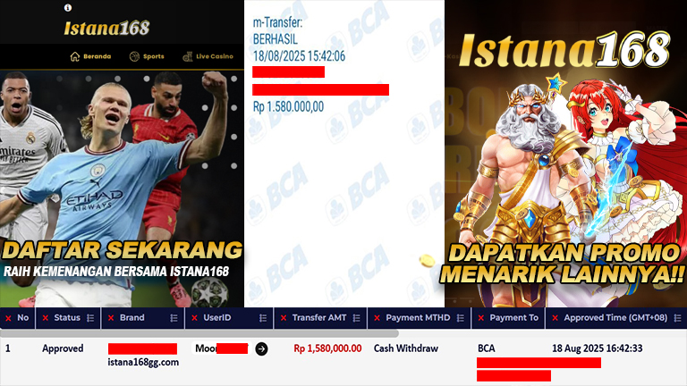 BUKTI KEMENANGAN WD MEMBER ISTANA168 IDR 1.580.000