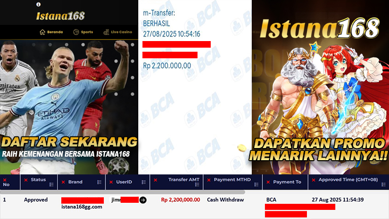 BUKTI KEMENANGAN WD MEMBER ISTANA168 IDR 2.200.000