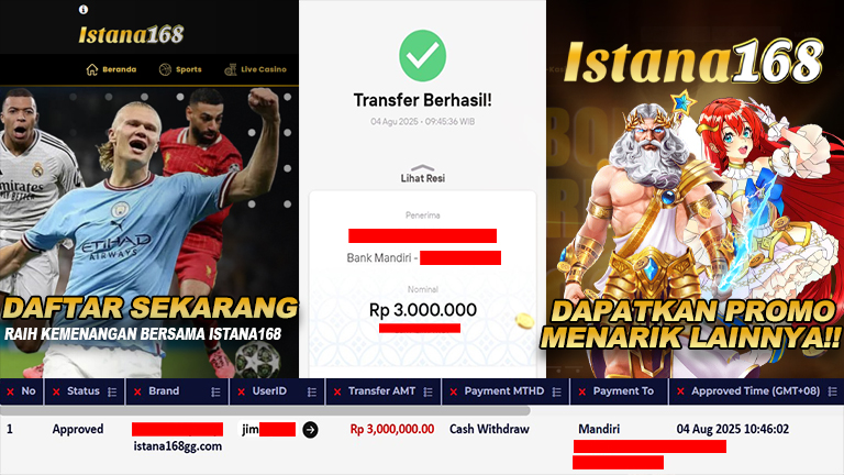 BUKTI KEMENANGAN WD MEMBER ISTANA168 IDR 3.000.000