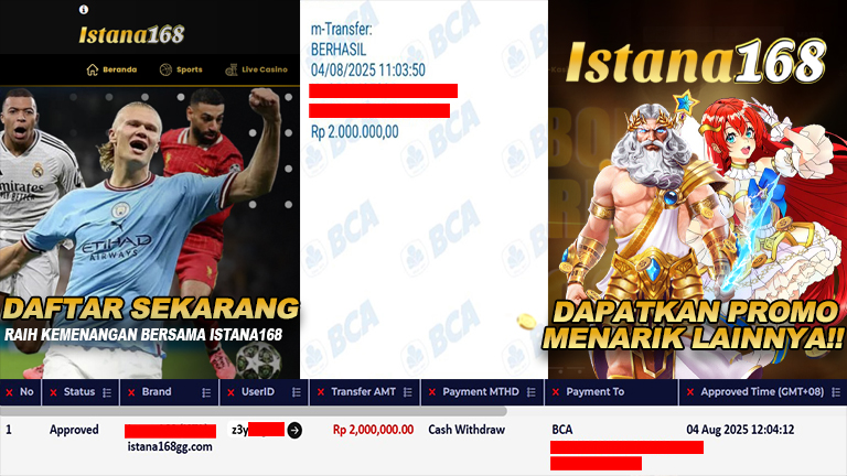 BUKTI KEMENANGAN WD MEMBER ISTANA168 IDR 2.000.000