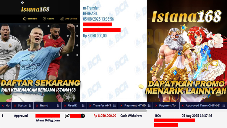 BUKTI KEMENANGAN WD MEMBER ISTANA168 IDR 8.050.000
