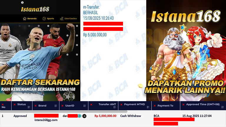 BUKTI KEMENANGAN WD MEMBER ISTANA168 IDR 5.000.000