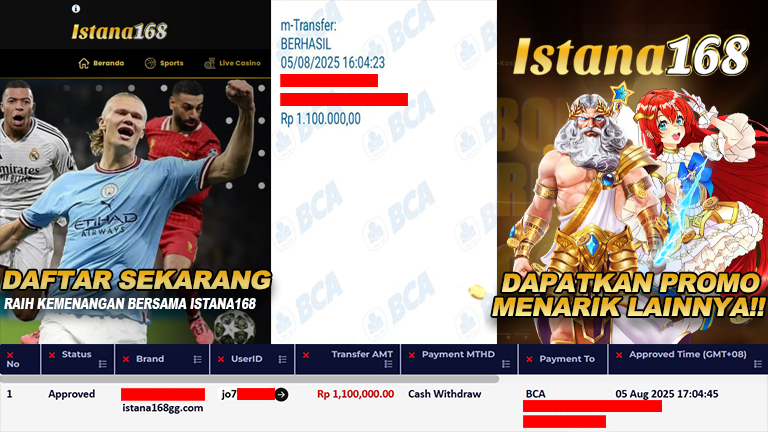 BUKTI KEMENANGAN WD MEMBER ISTANA168 IDR 1.100.000
