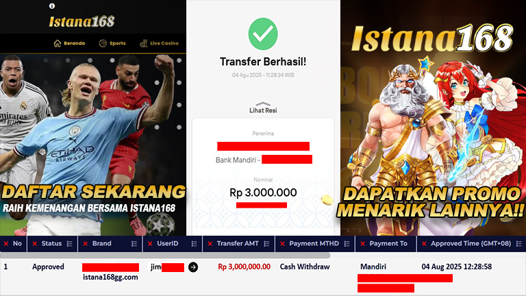BUKTI KEMENANGAN WD MEMBER ISTANA168 IDR 3.000.000