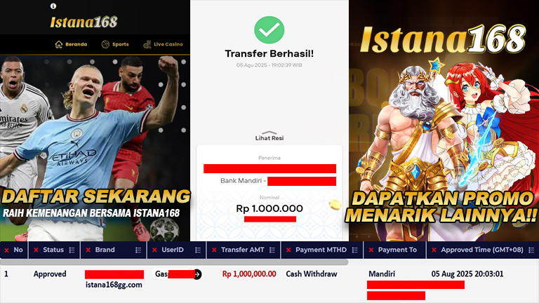 BUKTI KEMENANGAN WD MEMBER ISTANA168 IDR 1.000.000