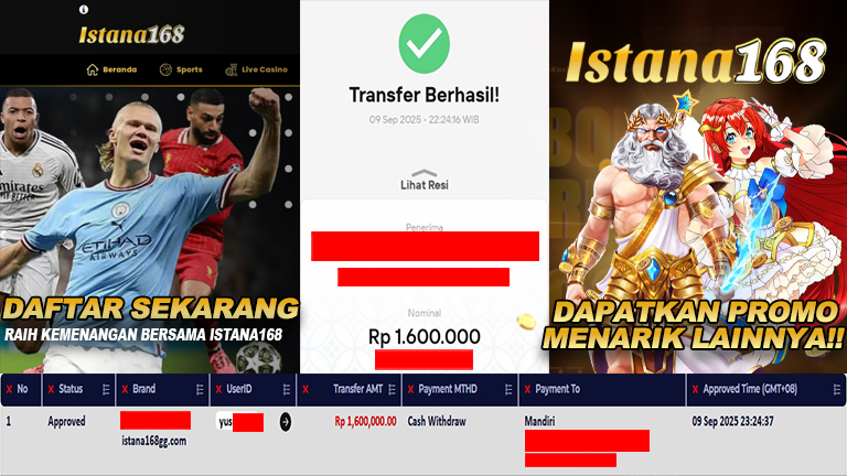 BUKTI KEMENANGAN WD MEMBER ISTANA168 IDR 1.600.000