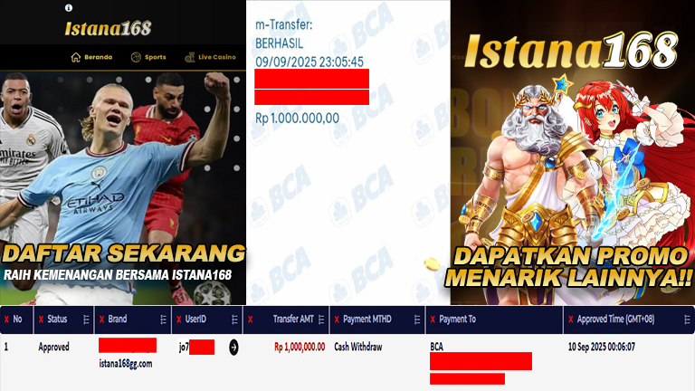 BUKTI KEMENANGAN WD MEMBER ISTANA168 IDR 1.000.000