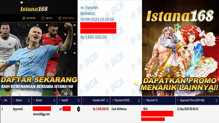 BUKTI KEMENANGAN WD MEMBER ISTANA168 IDR 1.900.000