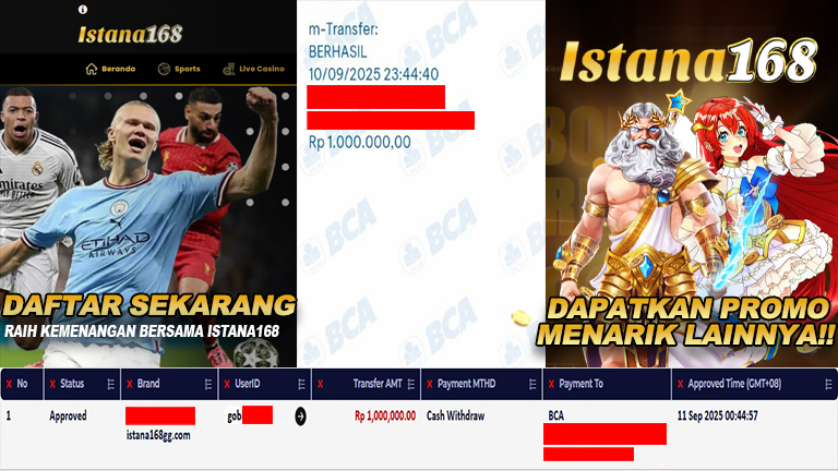 BUKTI KEMENANGAN WD MEMBER ISTANA168 IDR 1.000.000
