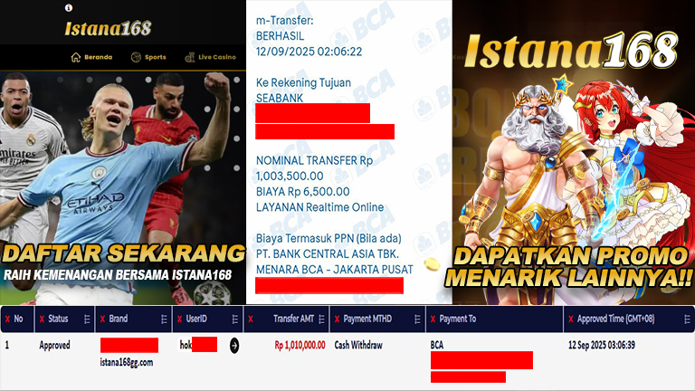 BUKTI KEMENANGAN WD MEMBER ISTANA168 IDR 1.010.000